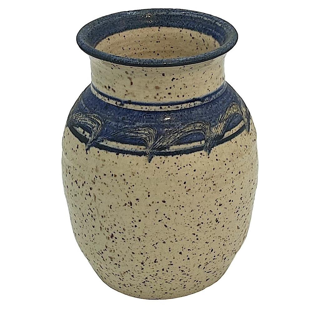 Vintage Handmade Speckled‎ Salt Glazed Beige & Cobalt Blue Signed Vase Pottery